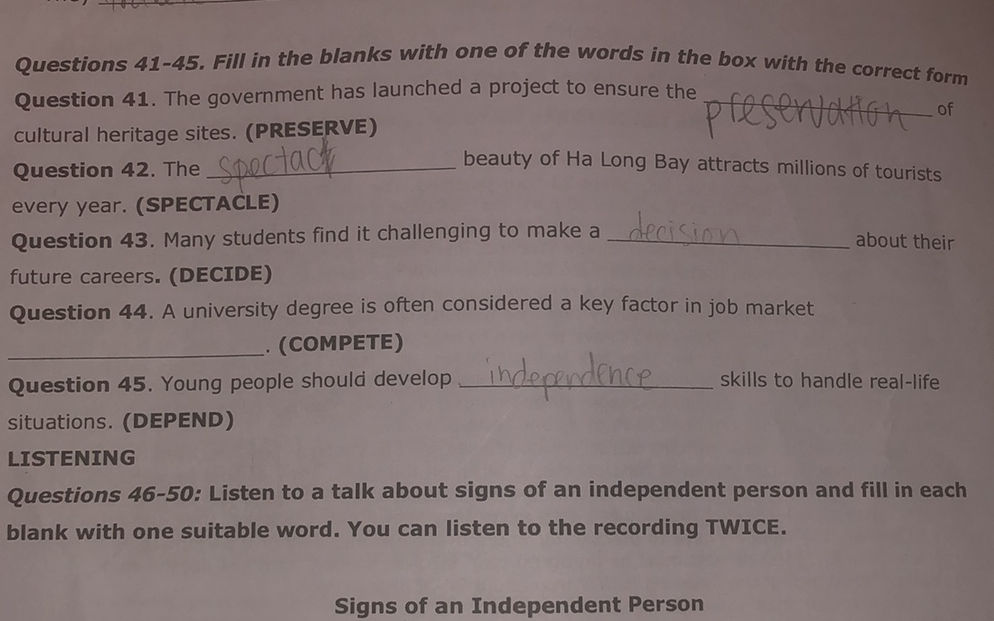 Question 41 Questions 41-45. Fill in the blanks with one | StudyX