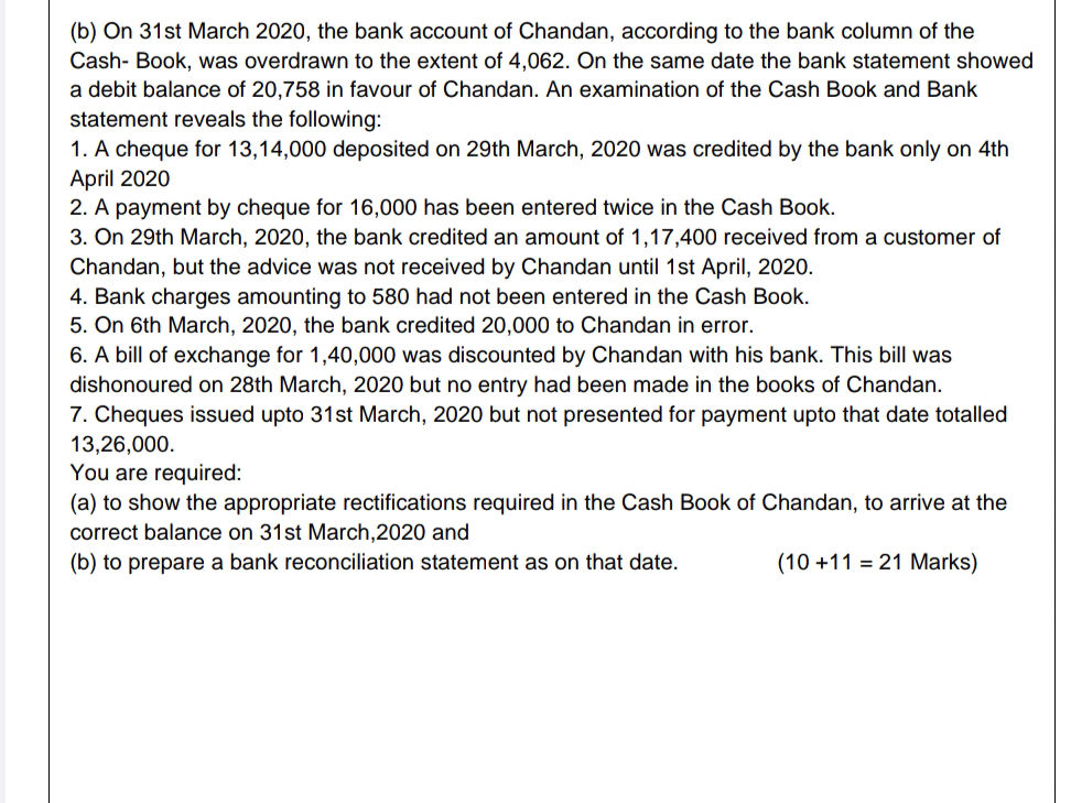 (b) On 31st March 2020, the bank account of | StudyX