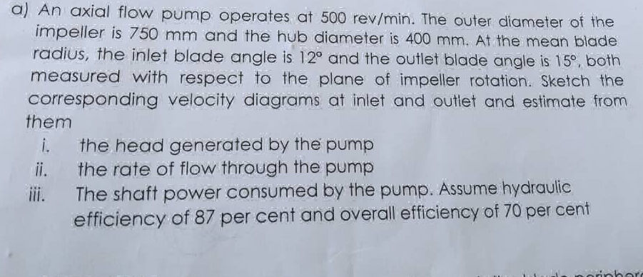 a) An axial flow pump operates at 500 | StudyX