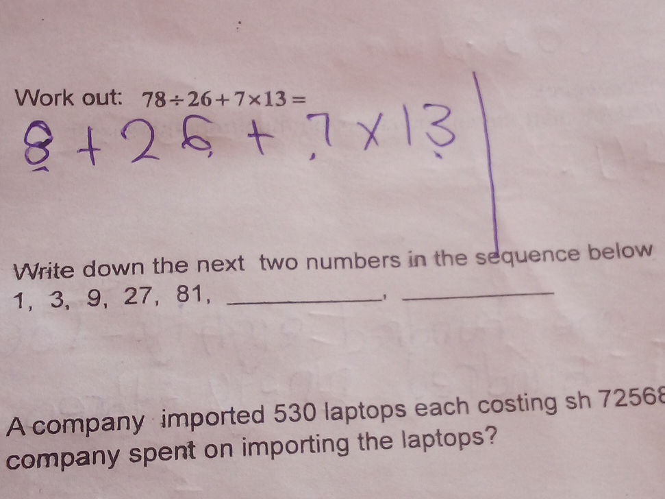 Work out: 78 ÷ 26 + 7 × 13 = Write down the | StudyX