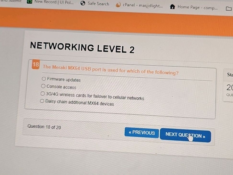 18 The Meraki MX64 USB port is used for | StudyX