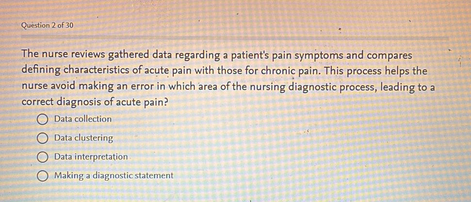 The nurse reviews gathered data regarding a
