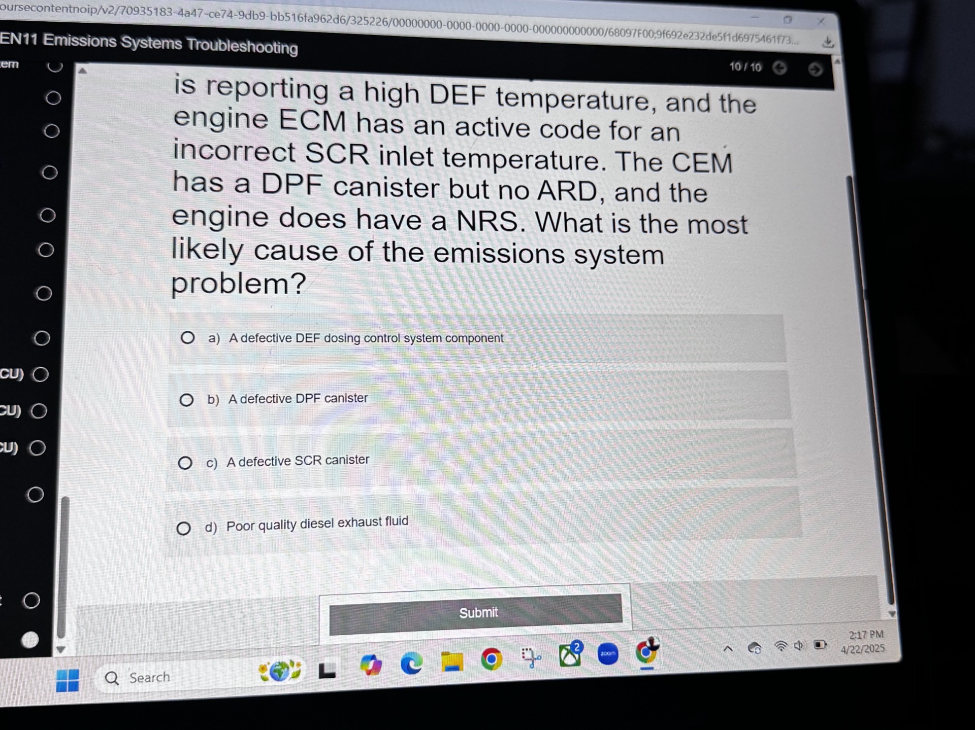 Incorrect Def Quality is reporting a high DEF temperature, and the | StudyX