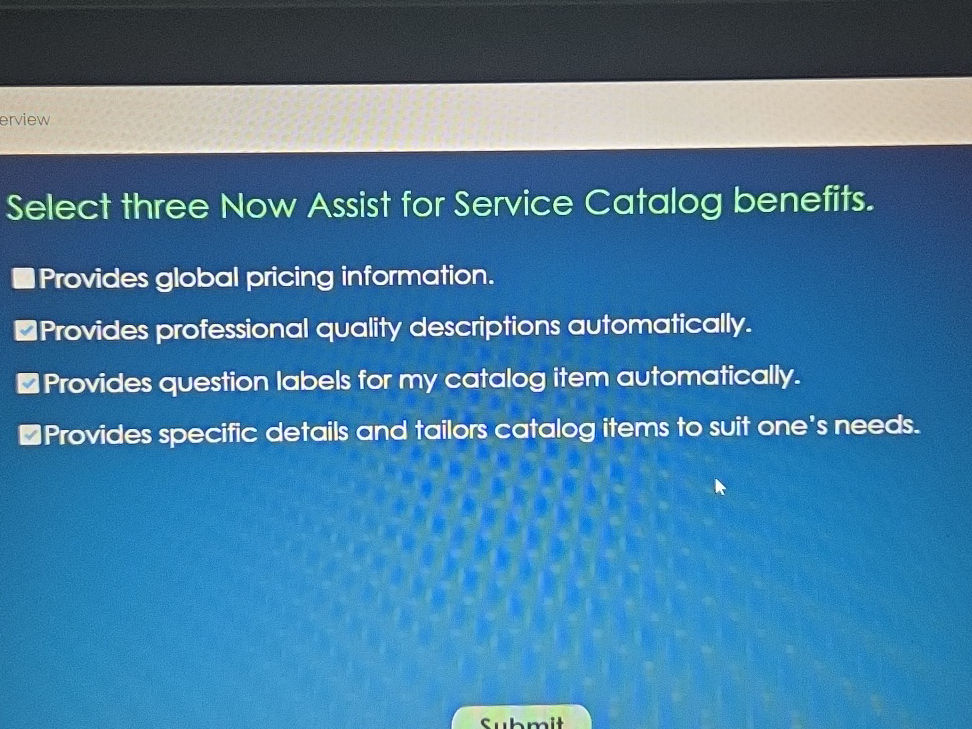 Select three Now Assist for Service Catalog StudyX