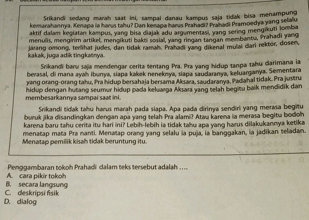 Penggambaran tokoh Prahadi dalam teks | StudyX