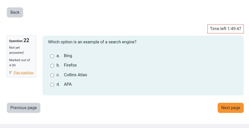 Search Engine Question Option Which option is an example of a search
