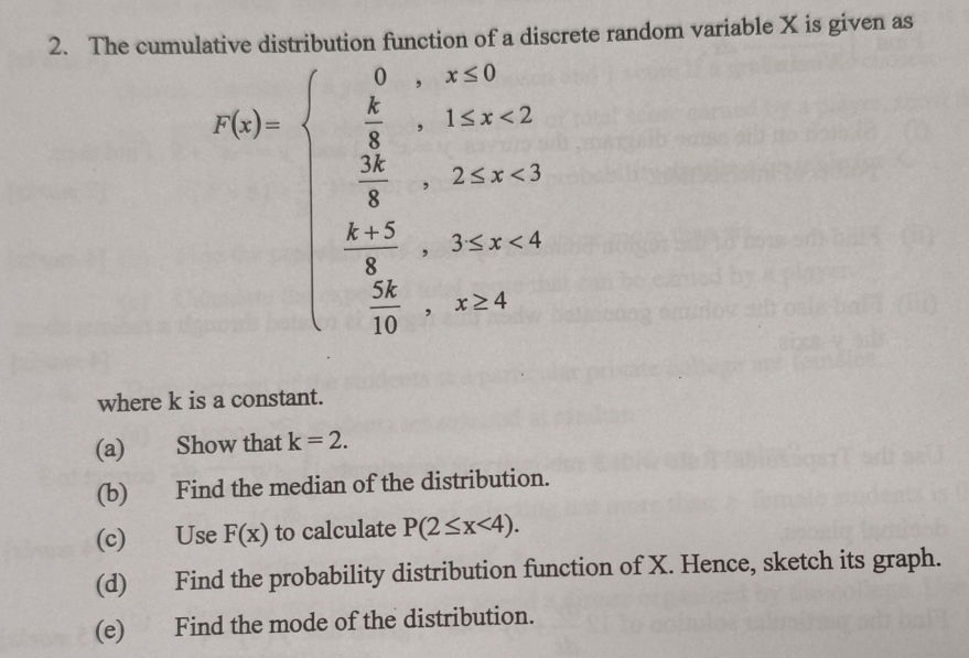 2. The cumulative distribution function of a | StudyX