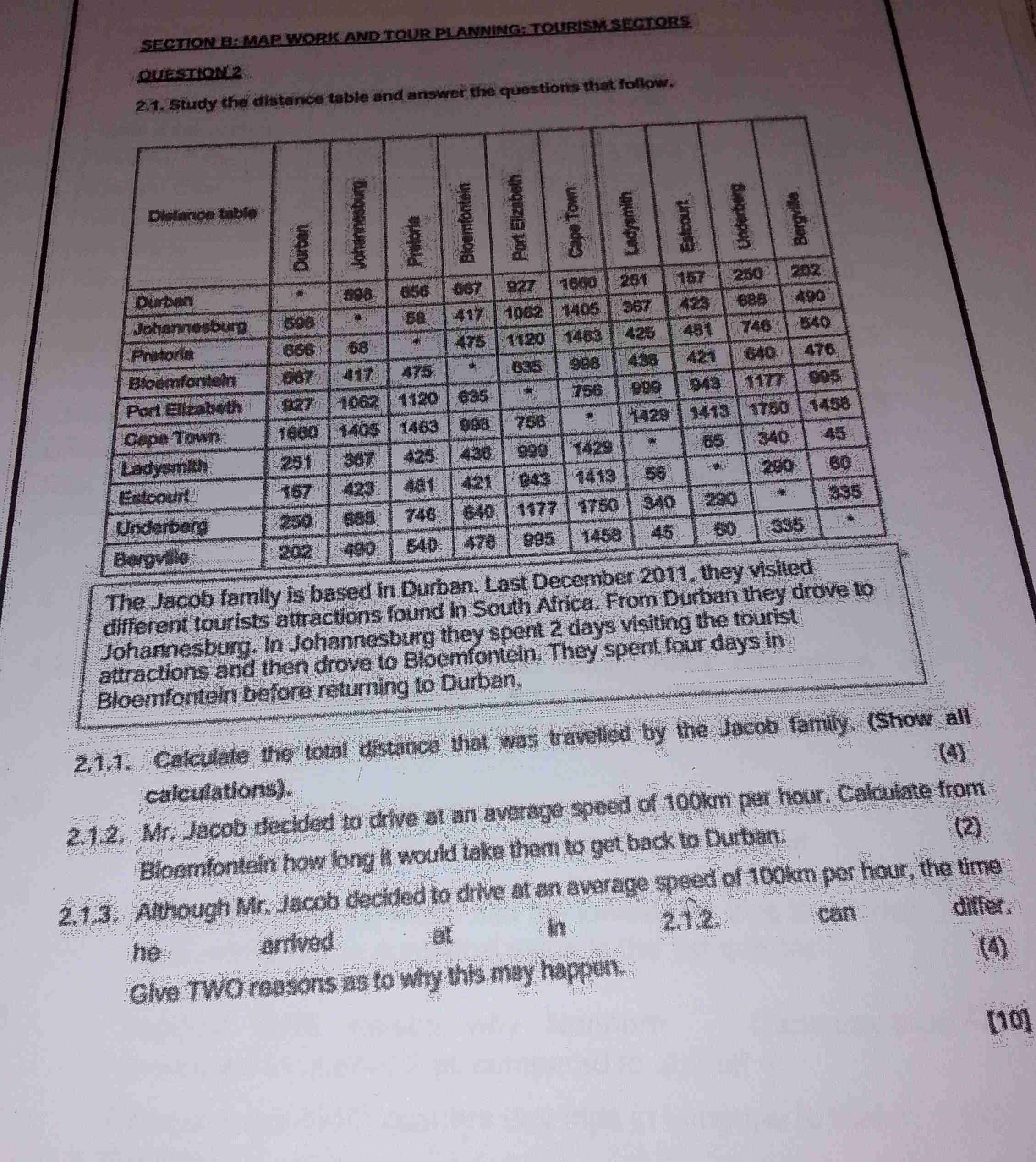 Tourism. Distance Table Book Example SECTION B: MAP WORK AND TOUR PLANNING: | StudyX