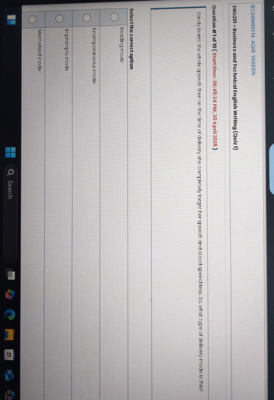 Question #1 of 10 (Starttime: 06:45:34 PM, | StudyX