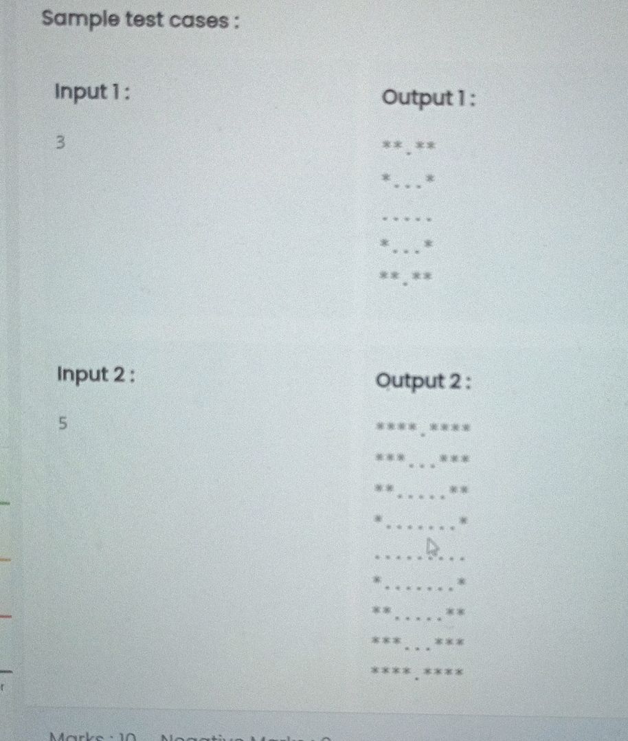 Sample test cases: Input 1: 3 Output 1: ** | StudyX