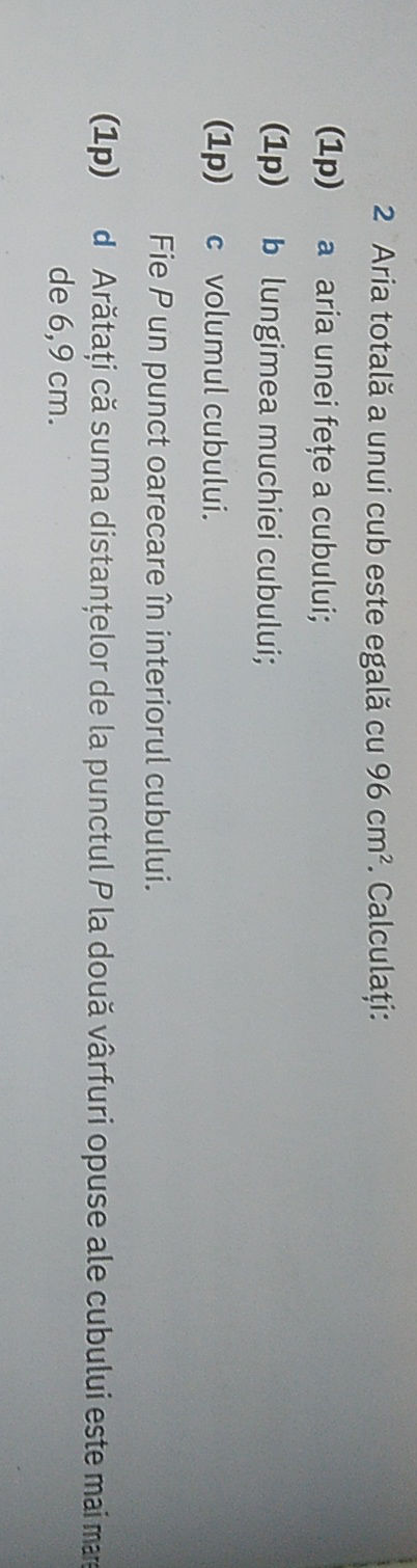 2 Aria totală a unui cub este egală cu 96 | StudyX