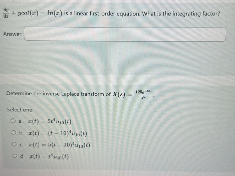 Ycot $ {dy}{dx} + ycot(x) = ln(x)$ is a linear | StudyX