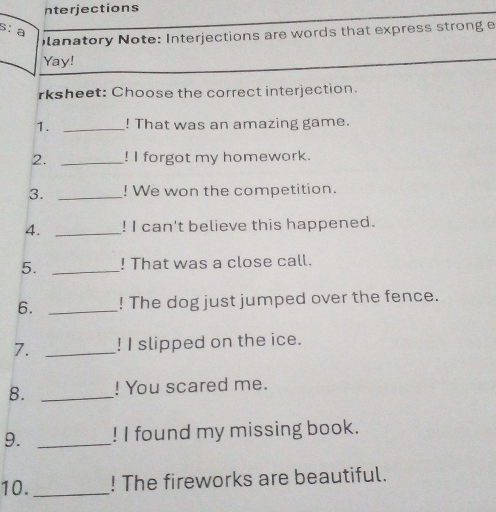 Worksheet: Choose the correct interjection. | StudyX