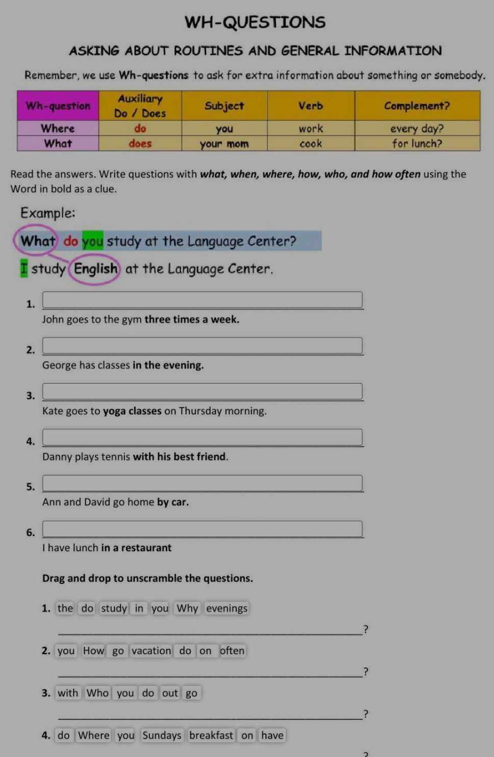 Read the answers. Write questions with what, | StudyX
