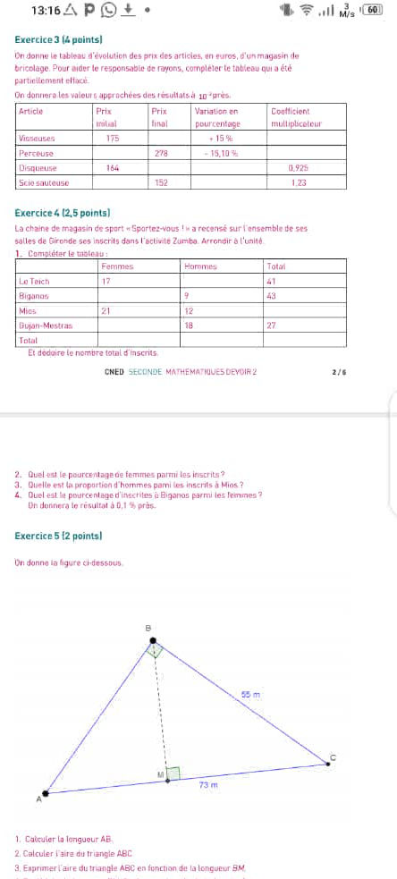 Exercice 3 (4 points) On donne le tableau