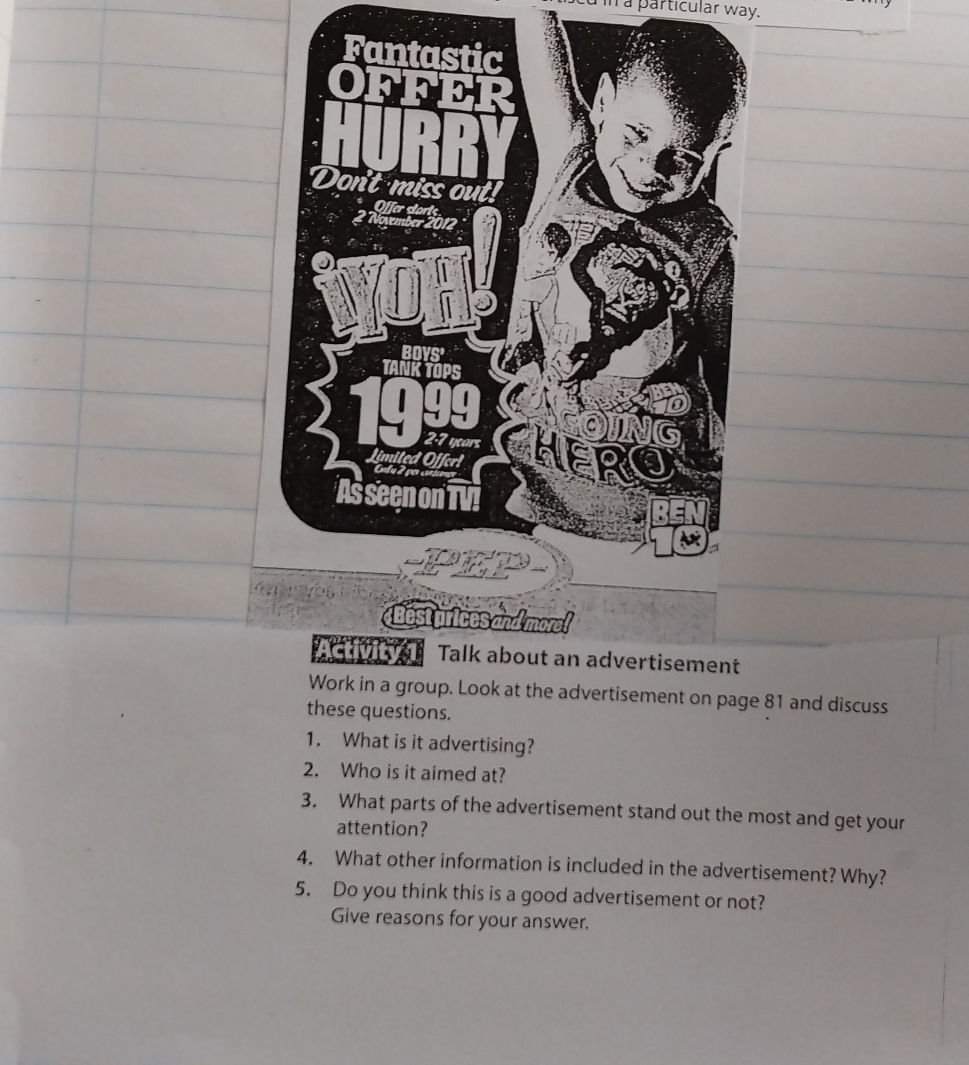 Activity 1 Talk about an advertisement Work | StudyX