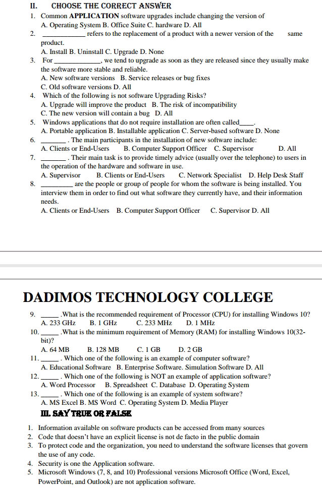 Application Software Matching Question II. CHOOSE THE CORRECT ANSWER 1. Common