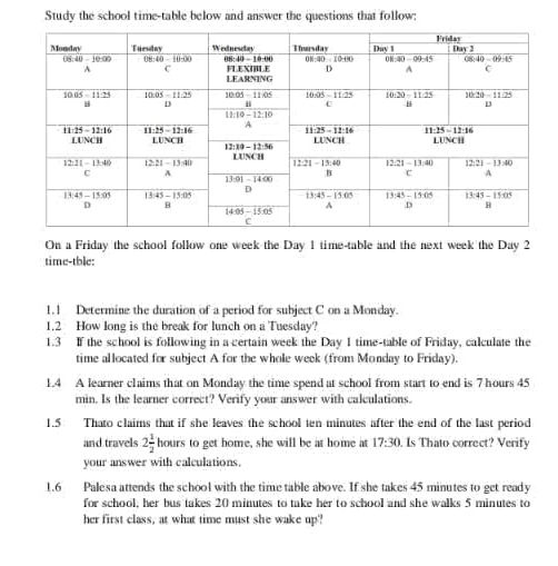 Time Table One Question Study the school time-table below and answer | StudyX