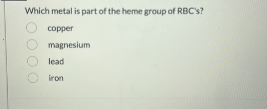 Which metal is part of the heme group of | StudyX