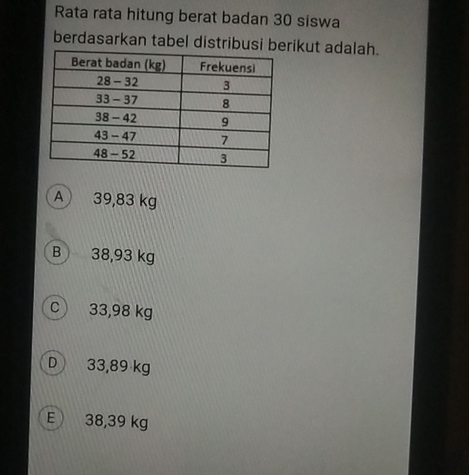 Rata rata hitung berat badan 30 siswa | StudyX