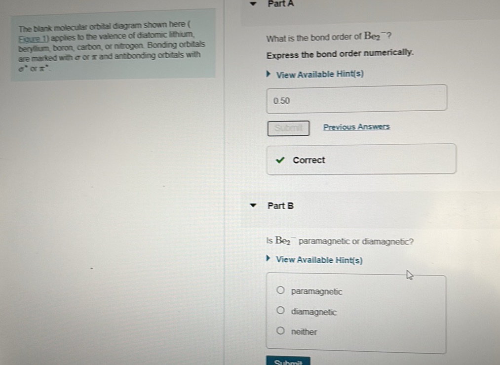 Part A What is the bond order of $Be_2^-$? | StudyX