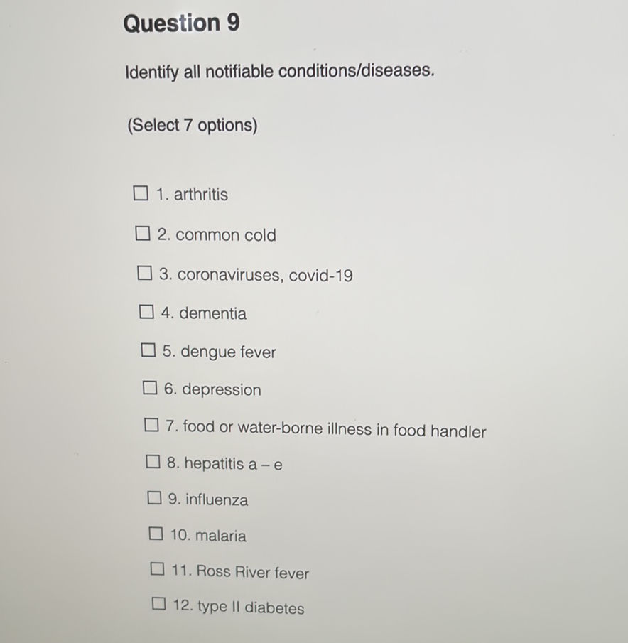 Modifiable Condidons Question 9 Identify all notifiable