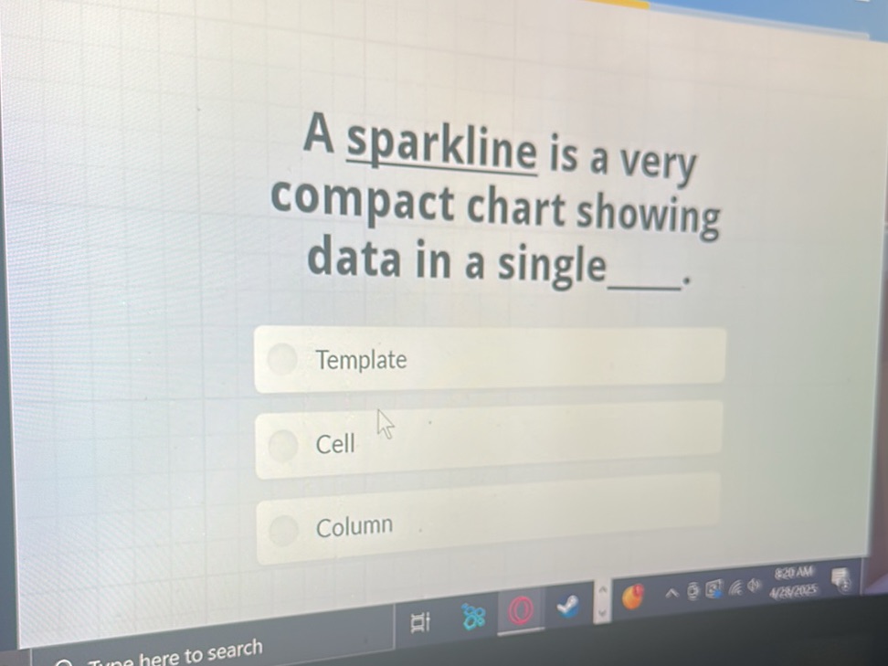 A sparkline is a very compact chart showing | StudyX