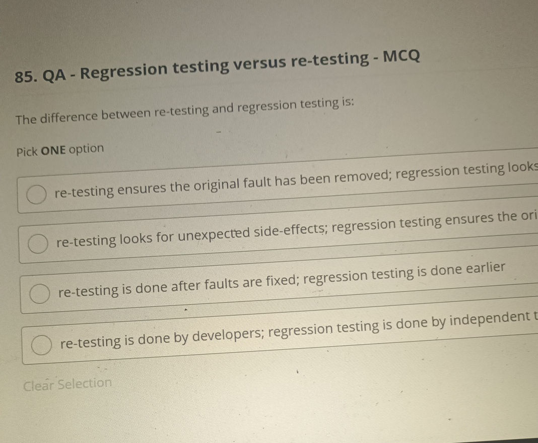 Re Test 85. QA - Regression testing versus | StudyX