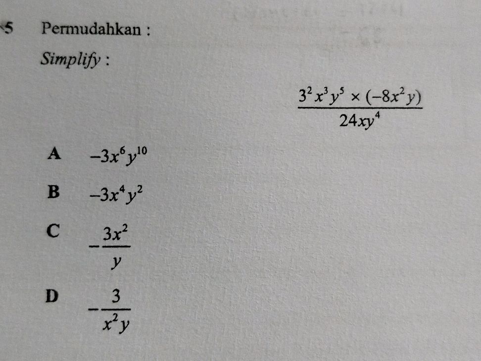 Simplify: $ {3^2 x^3 y^5 (-8x^2 | StudyX