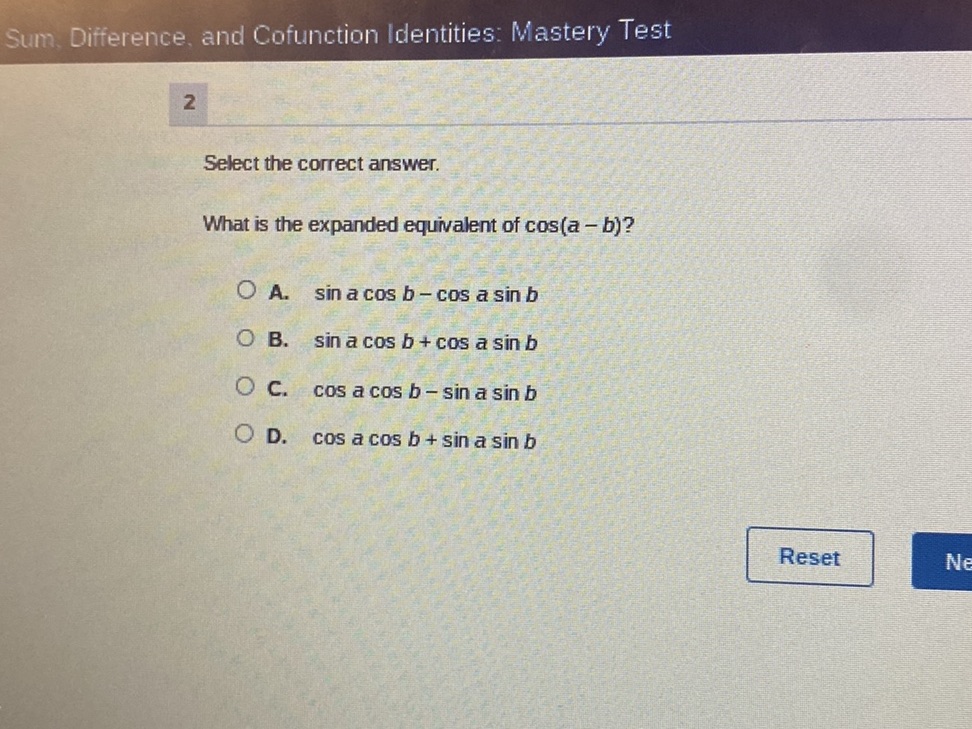 What is the expanded equivalent of cos(a - | StudyX