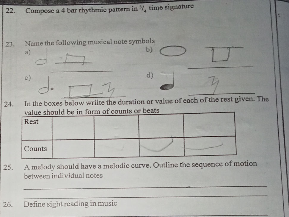 Compose a 4 bar rhythmic pattern in 3/4 time