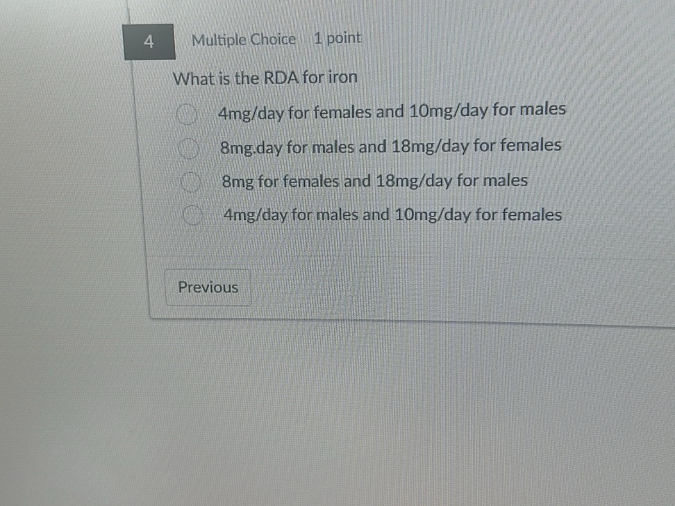 What is the RDA for iron? 4mg/day for | StudyX