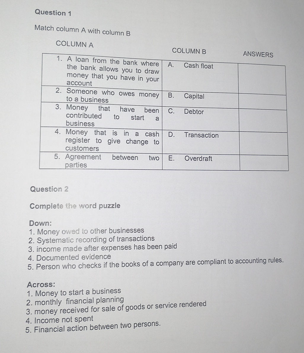 Question 1 Match column A with column B | StudyX