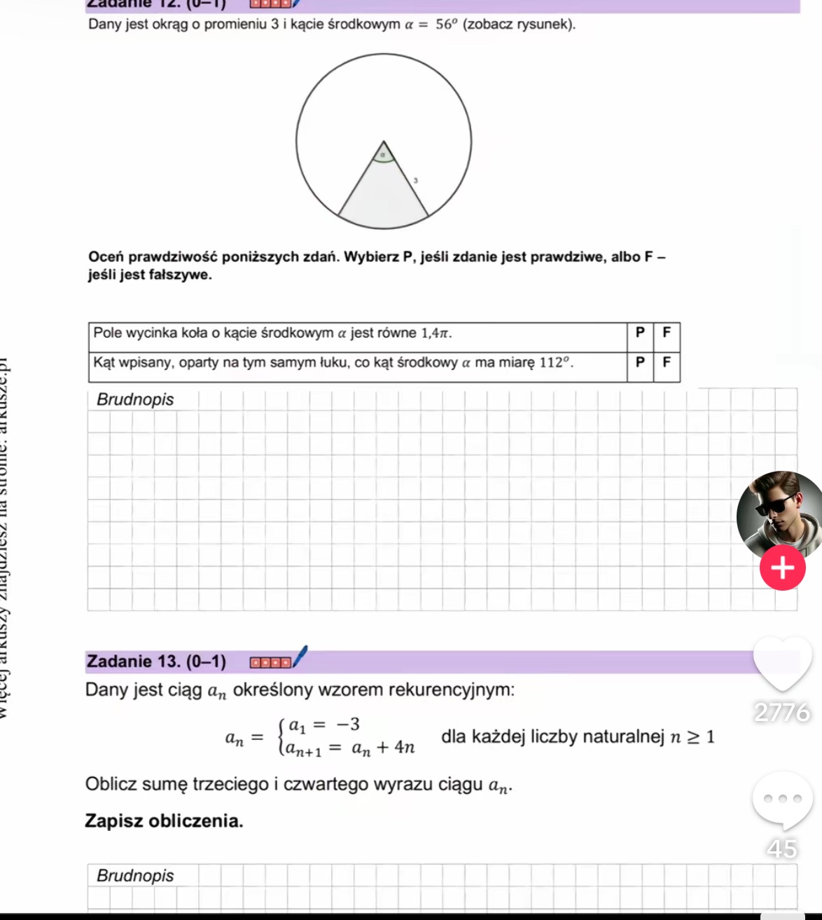 Dany jest okrąg o promieniu 3 i kącie | StudyX