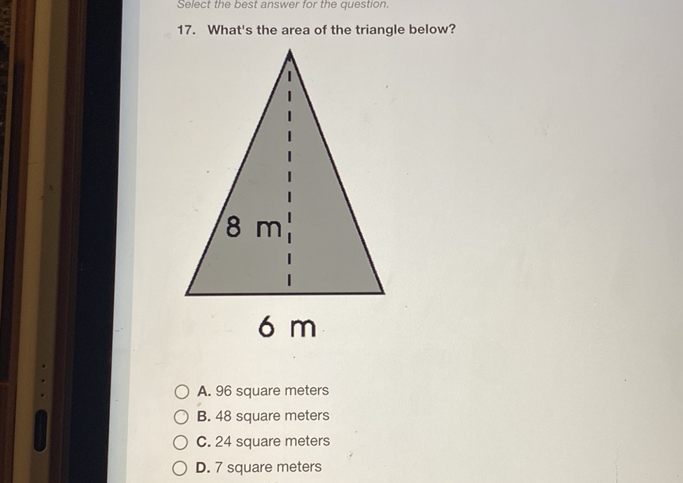 17. What's the area of the triangle below? | StudyX