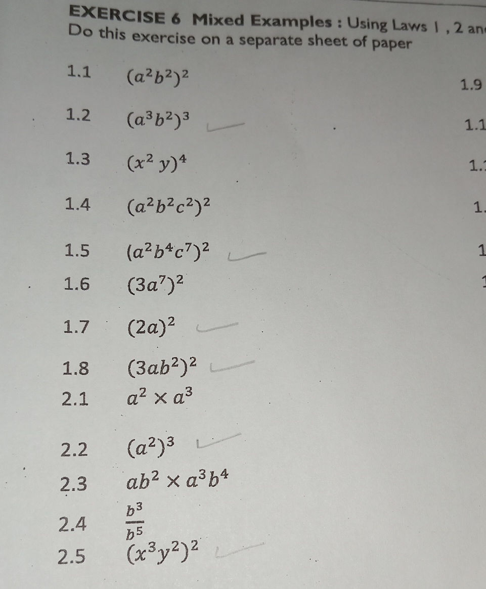1.1 $(a^2b^2)^2$ 1.2 $(a^3b^2)^3$ 1.3 $(x^2 | StudyX