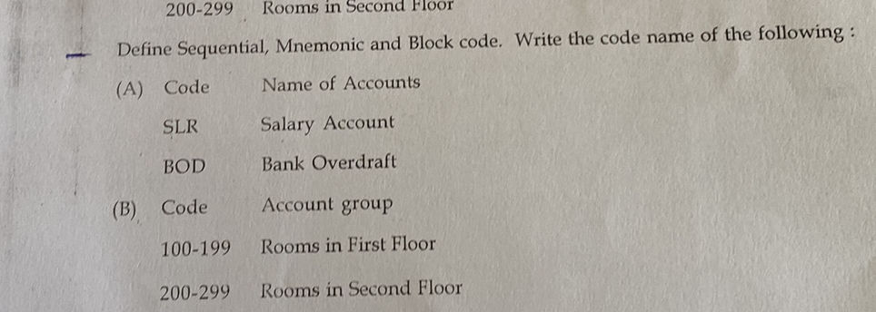 Sequence Code Example Accounting Example Define Sequential, Mnemonic and Block code.