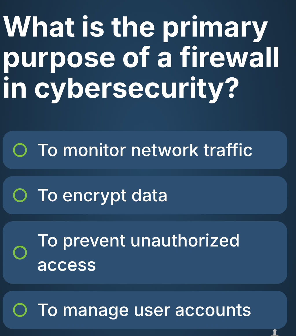 What is the primary purpose of a firewall in | StudyX