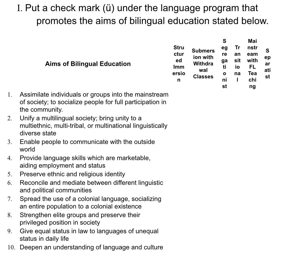 I. Put a check mark (ü) under the language | StudyX