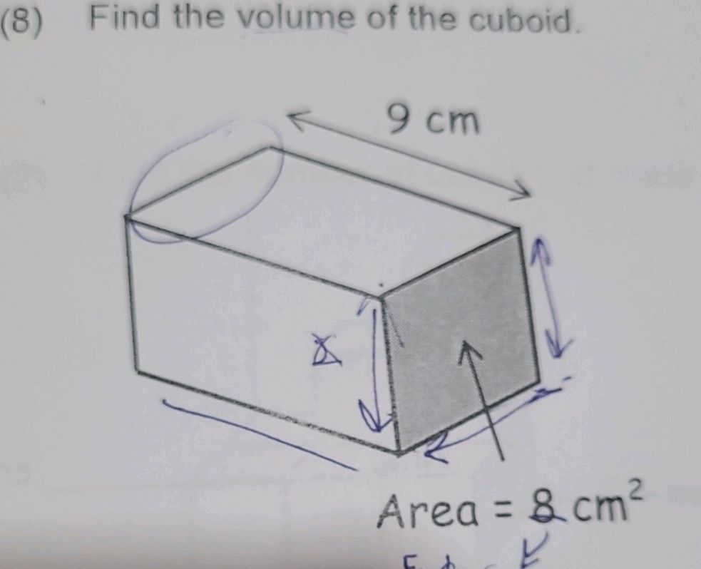 (8) Find the volume of the cuboid. 9 cm | StudyX