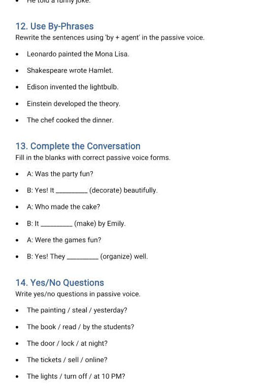 Use By Example 12. Use By-Phrases Rewrite the sentences | StudyX