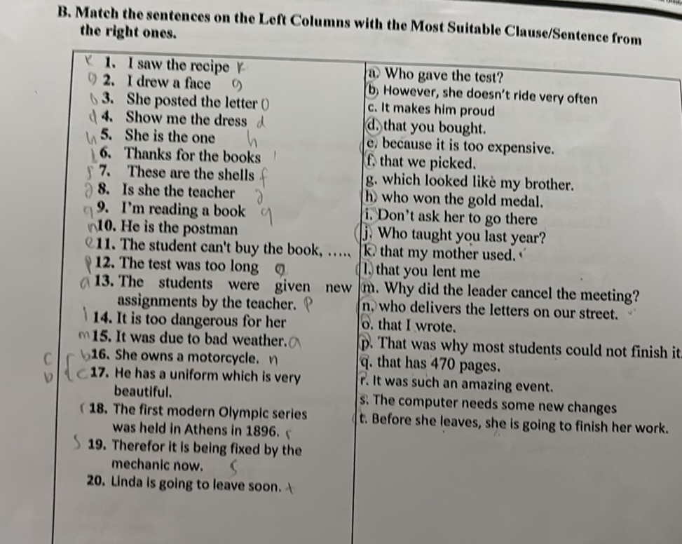 B. Match the sentences on the Left Columns | StudyX