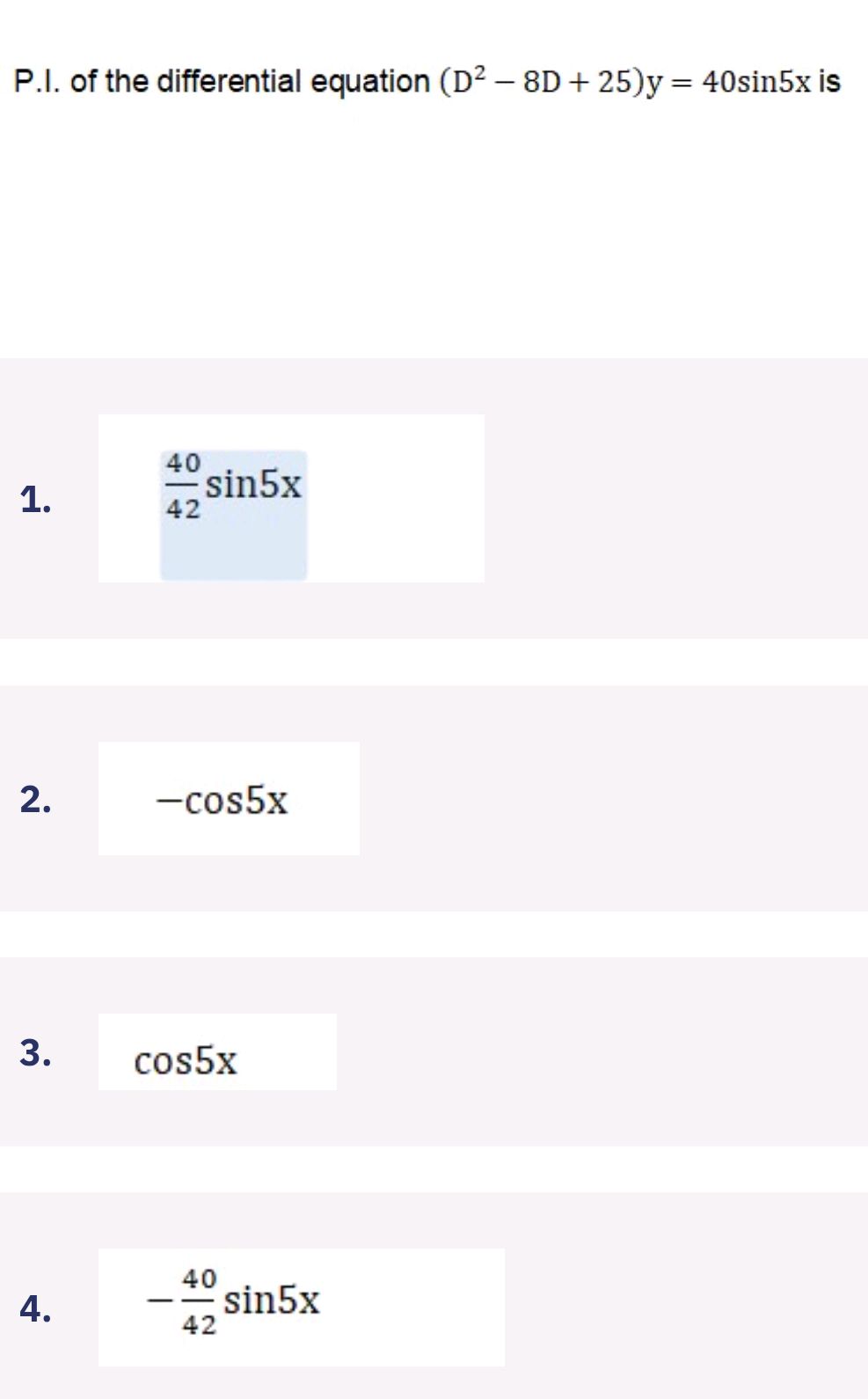 P.I. of the differential equation $(D^2 - 8D | StudyX