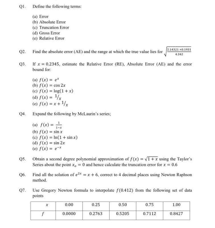 Q1. Define the following terms: (a) Error