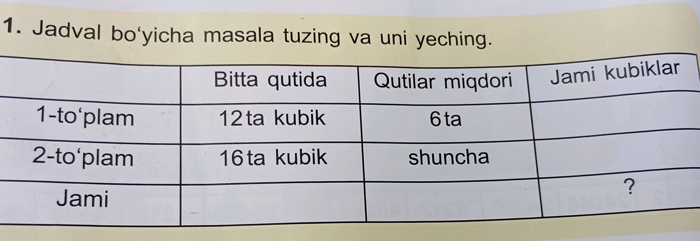 1. Jadval boʻyicha masala tuzing va uni | StudyX