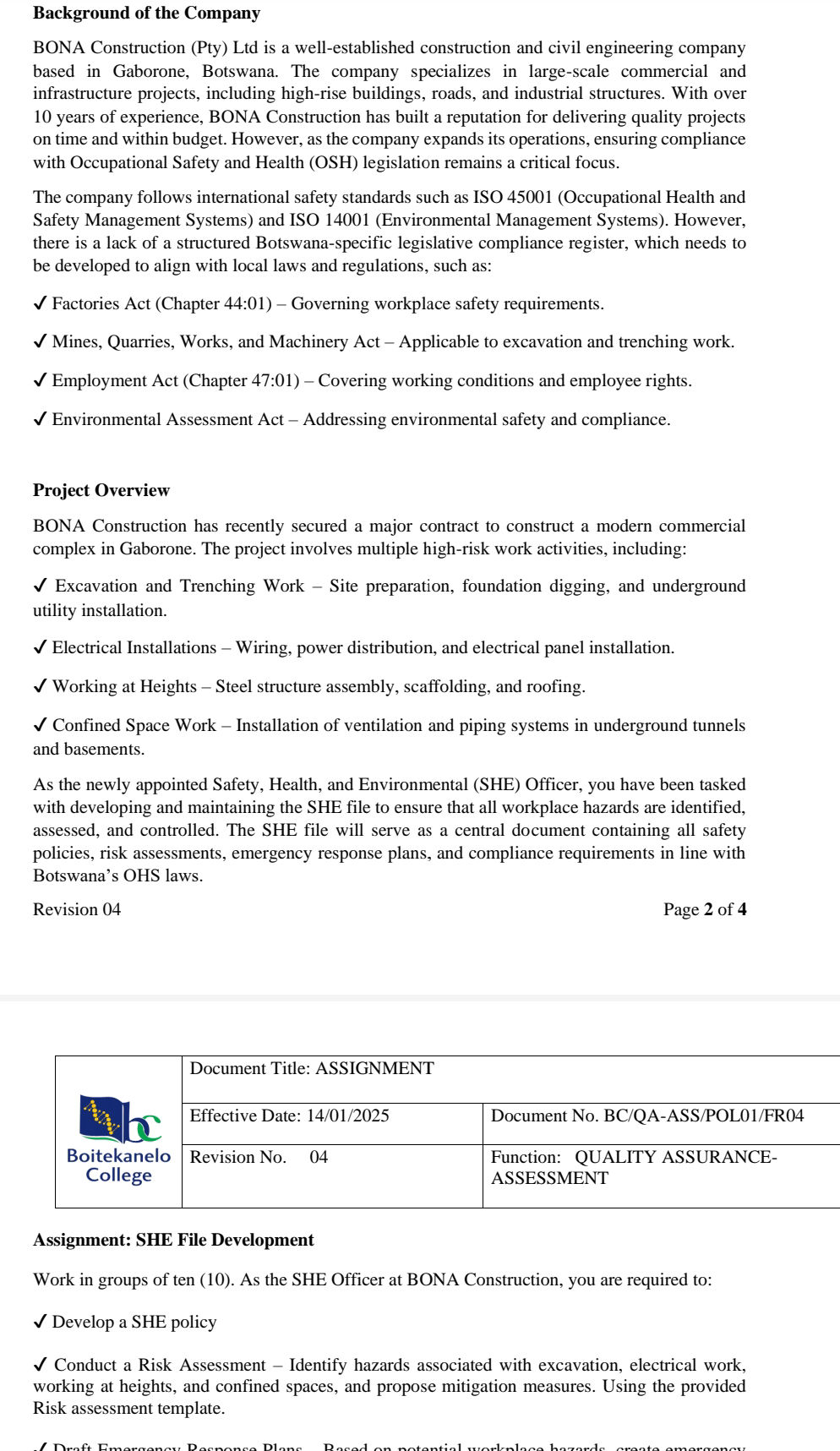 She File Assignment: SHE File Development Work in | StudyX