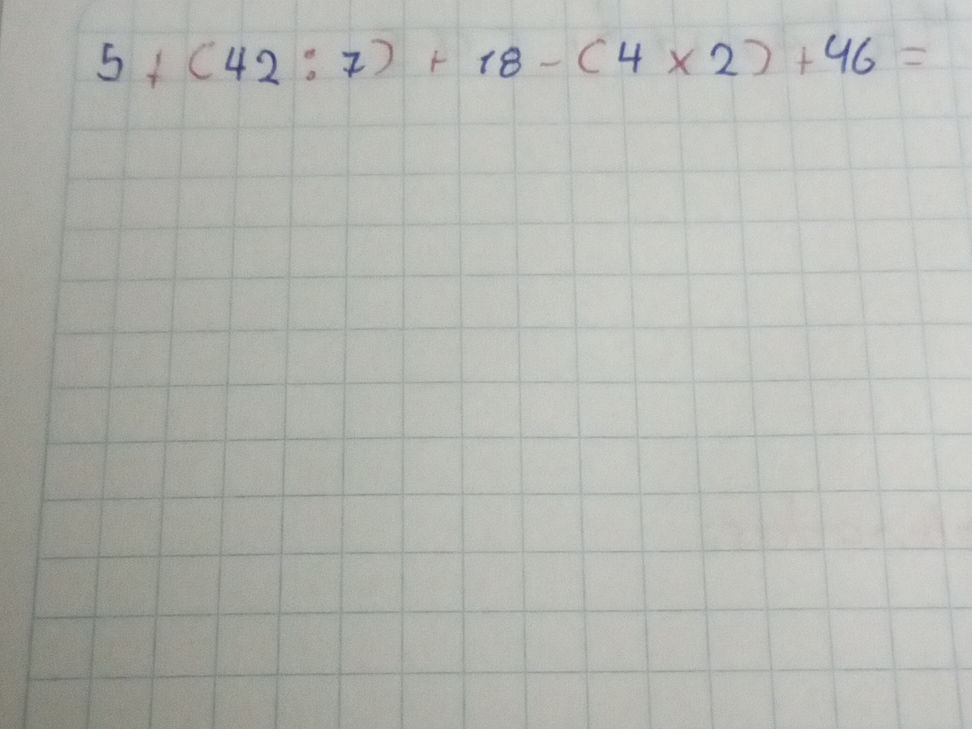 Solve the arithmetic problem: 5 + (42 : 7) + | StudyX