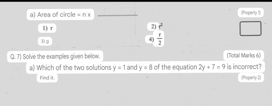 a) Area of circle = n x 1) r 2) r² 3) g 4)