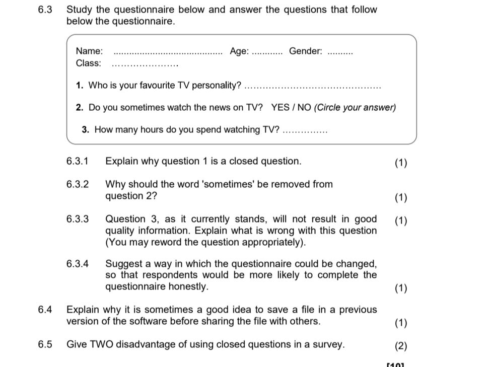 6.3 Study the questionnaire below and answer | StudyX