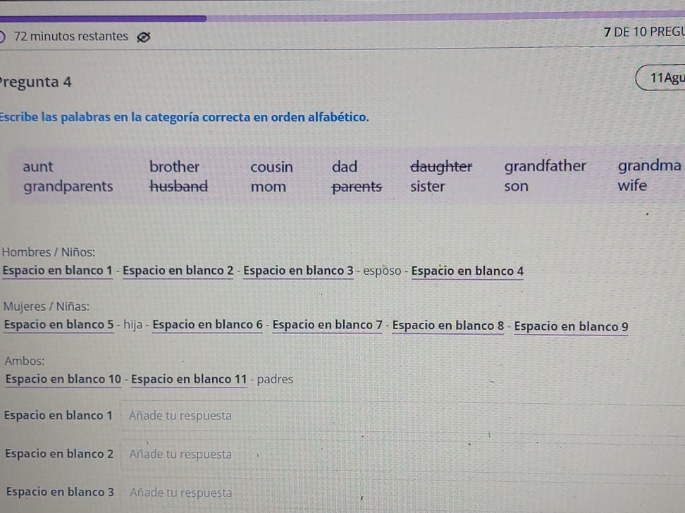 Escribe las palabras en la categoría | StudyX